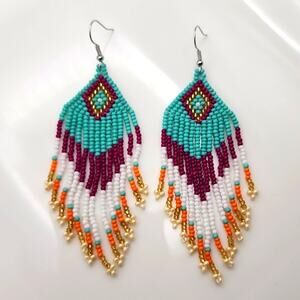 Sonoran Sky White Teal Boho Beaded Fringe Earrings